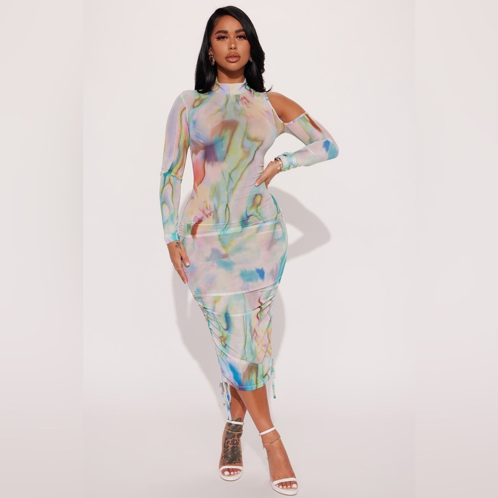 Tie-dye mesh midi dress